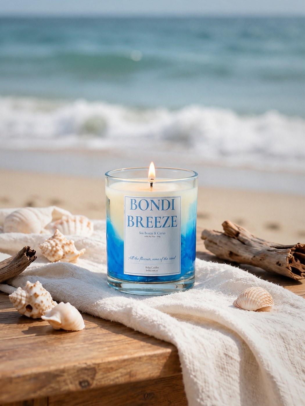 Bondi Breeze soy candle lit on a beach with shells and driftwood