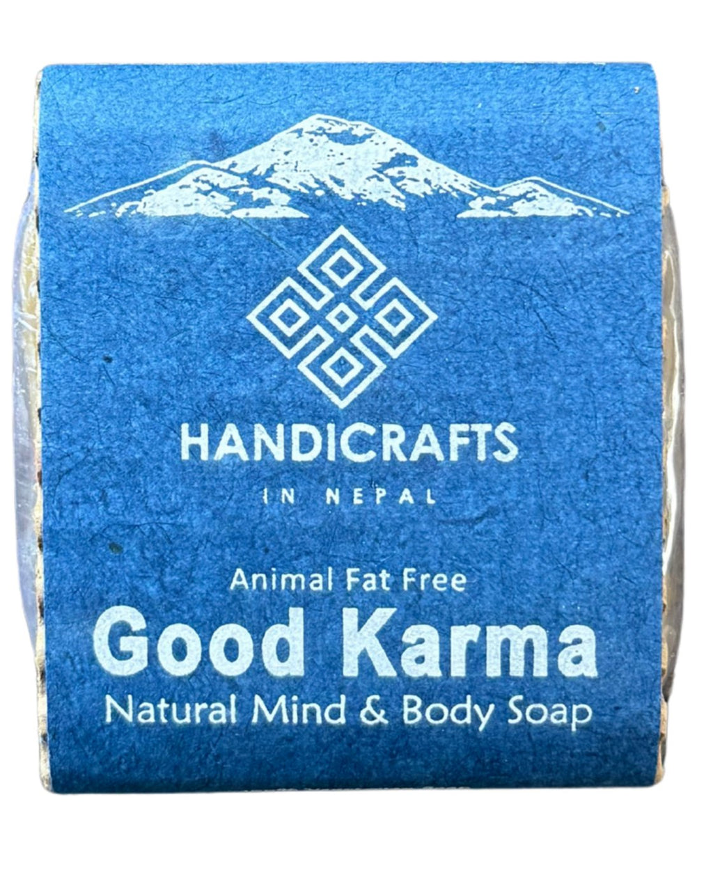 Good Karma natural mind and body soap, handmade in Nepal, wrapped in blue handmade paper