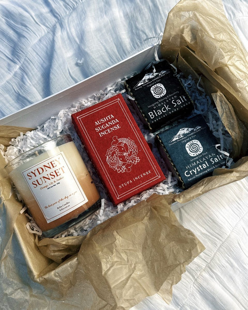 Himalayan Ritual gift box with Sydney Sunset candle, Stupa incense and Himalayan soaps