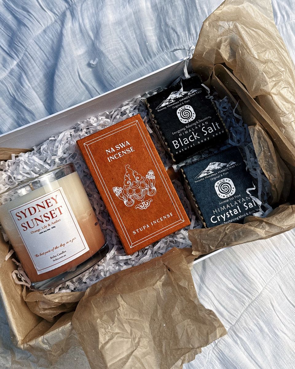Himalayan Ritual box with candle, incense and two Himalayan salt soaps