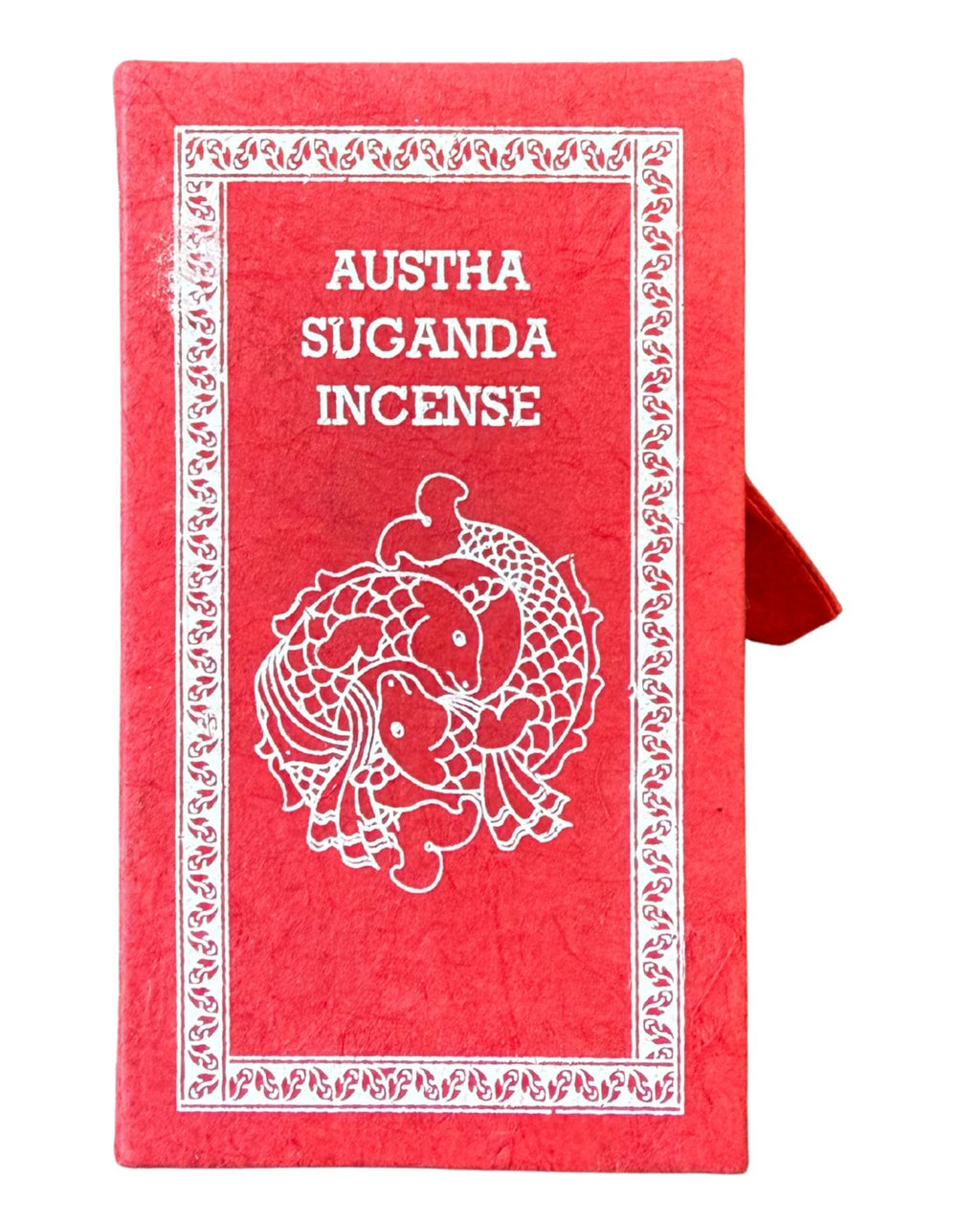 Austha Suganda incense in a red handmade lokta paper box with golden fish print
