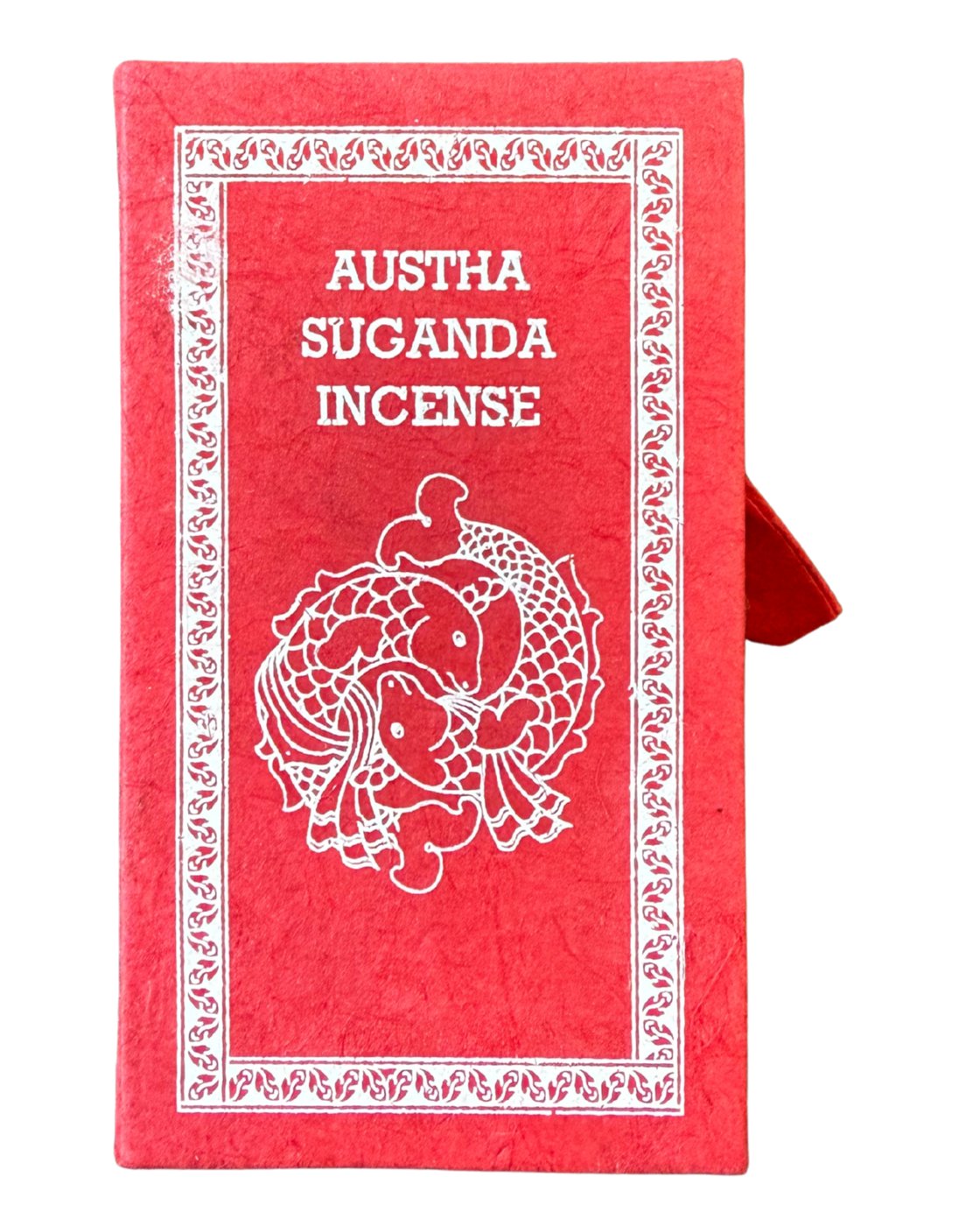 Austha Suganda incense in a red handmade lokta paper box with golden fish print