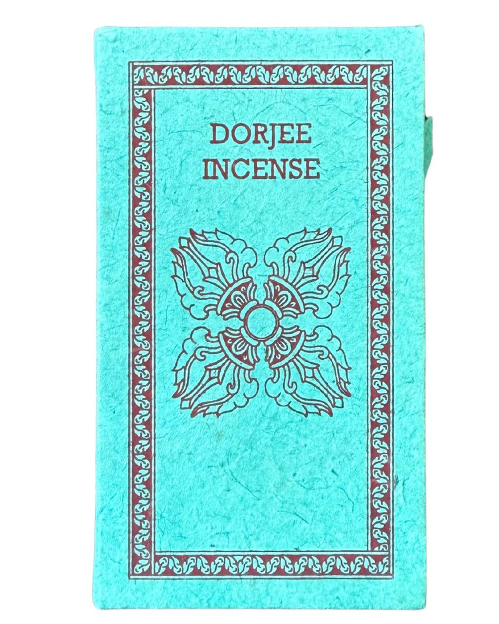 Dorjee incense box, turquoise lokta paper printed with the Tibetan dorje symbol