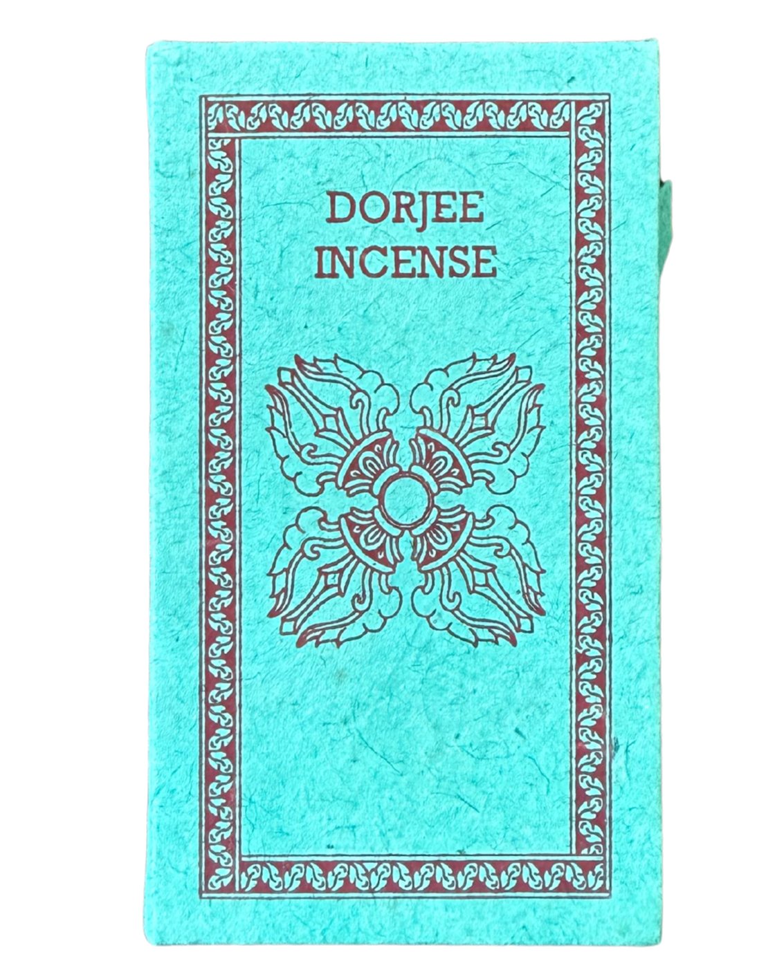 Dorjee incense box, turquoise lokta paper printed with the Tibetan dorje symbol