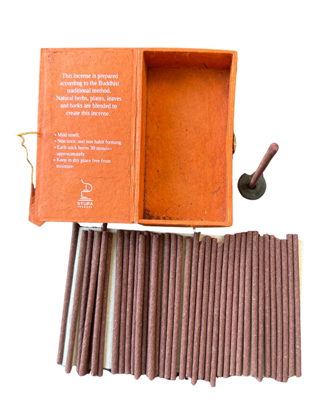 40 hand-rolled Stupa incense sticks with holder and open lokta paper box