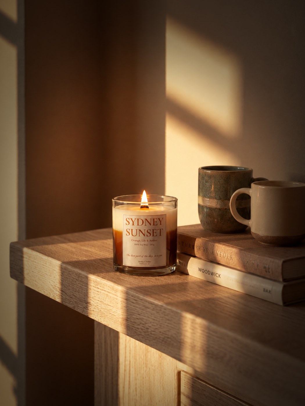 Sydney Sunset candle on an oak shelf in late afternoon light