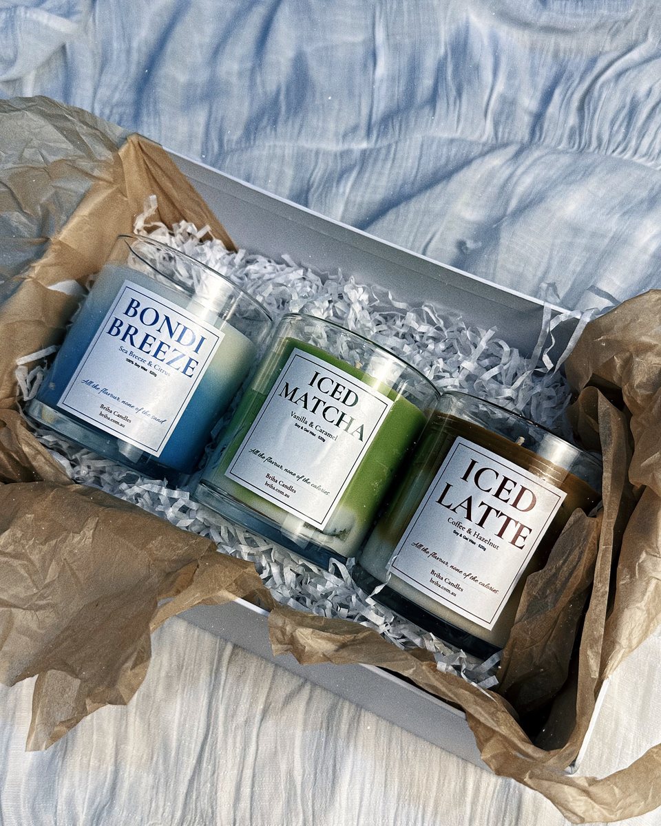 Three Briha candles in a gift box: Bondi Breeze, Iced Matcha and Iced Latte