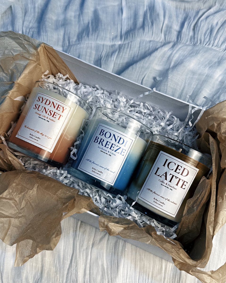 Three Briha candles in a gift box: Sydney Sunset, Bondi Breeze and Iced Latte
