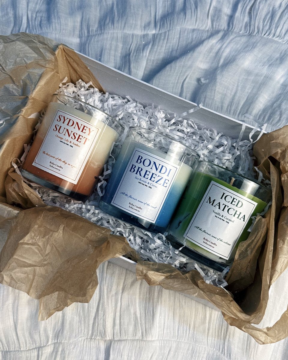 Three Briha candles in a gift box: Sydney Sunset, Bondi Breeze and Iced Matcha