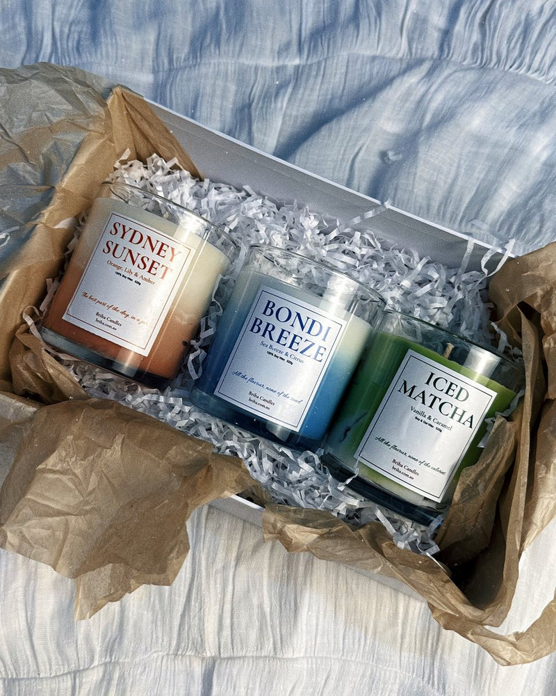 Three Briha candles in a gift box: Sydney Sunset, Bondi Breeze and Iced Matcha