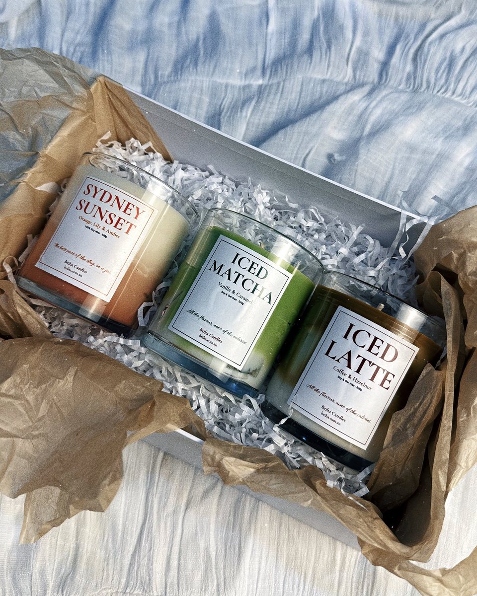 Three Briha candles in a gift box: Sydney Sunset, Iced Matcha and Iced Latte